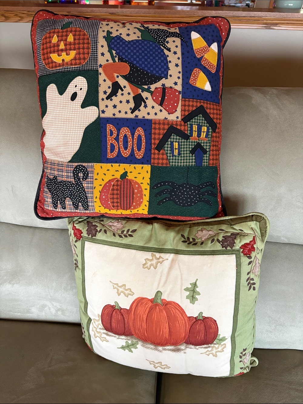 Fall Halloween Patchwork & Fall Pumpkin 2 Lot Accent Pillowsl 16x16"; EUC